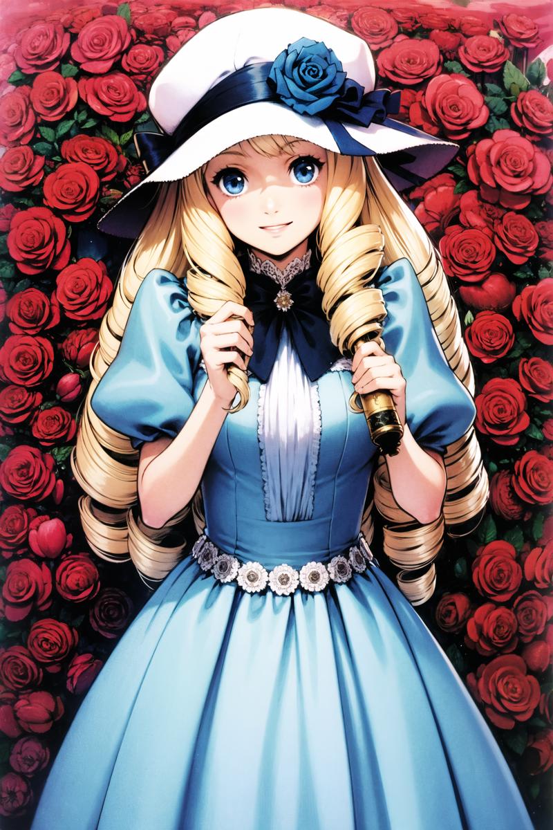 12520-2335419771-1girl, solo, blonde hair, hat, long hair, blue eyes, drill hair, flower, rose, petals, dress, smile, very long hair, _lora_Yasud.png